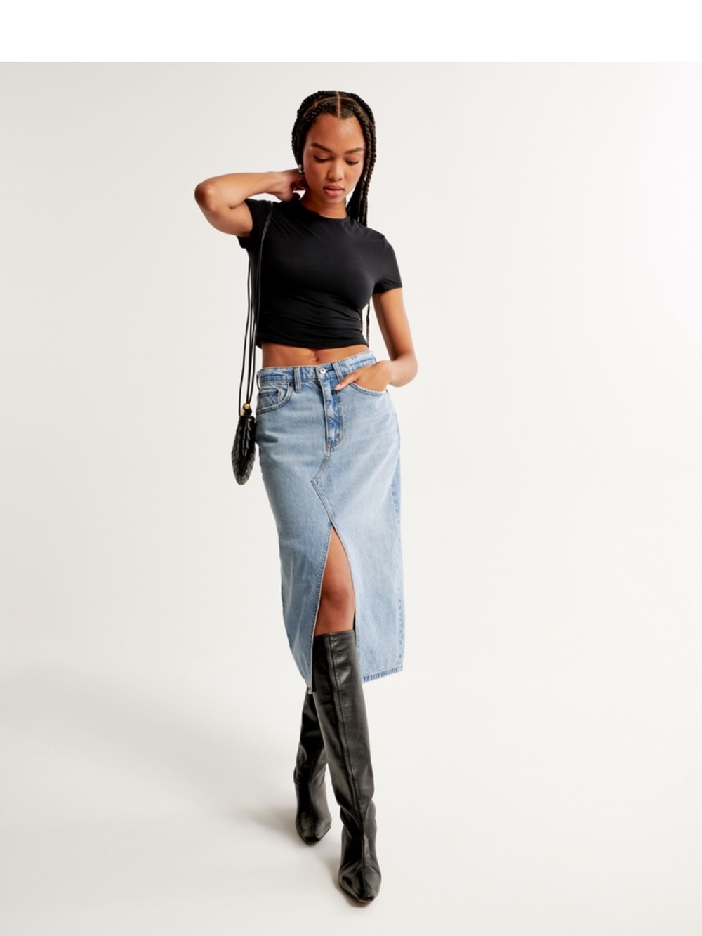 Abercrombie & Fitch Light Blue Denim Midi Skirt with Front Slit